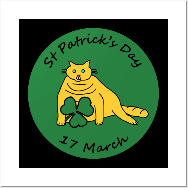 Yellow Chonk Cat and Shamrock St Patricks Day Wall Art by ellenhenryart